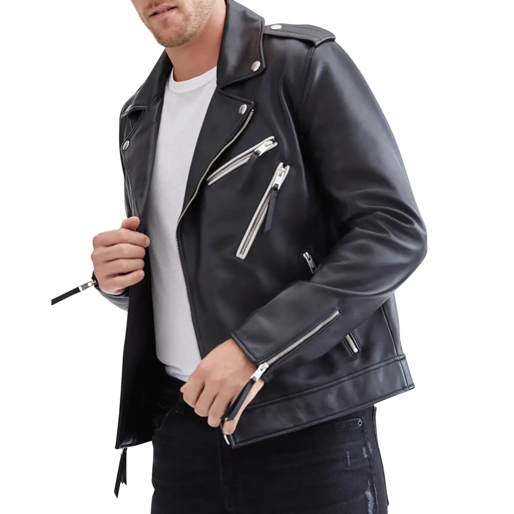 NWT 7 For All Mankind Signature Biker Jacket Nappa Leather Black‎ Zippers Size S